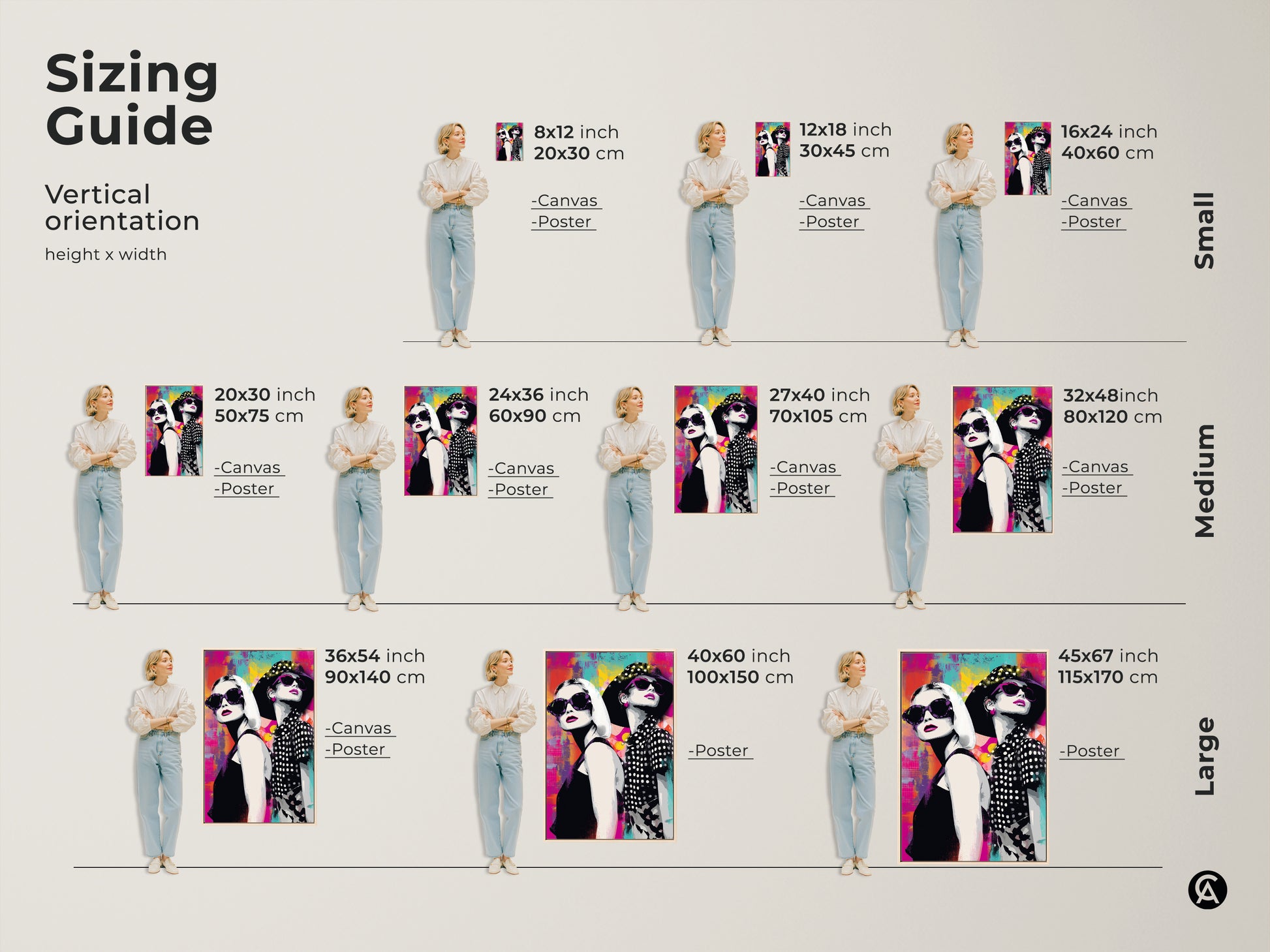 Sizing guide for vertical pop art canvas and poster prints featuring fashionable women with sunglasses. Available in small medium and large sizes. Find the perfect fit for your space from 8x12 to 45x67 inches. Ideal for contemporary bedroom decor. Choose abstract magenta and teal art to enhance your home.