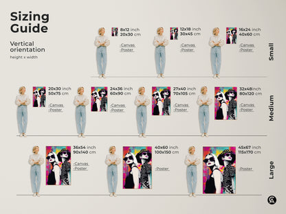 Sizing guide for vertical pop art canvas and poster prints featuring fashionable women with sunglasses. Available in small medium and large sizes. Find the perfect fit for your space from 8x12 to 45x67 inches. Ideal for contemporary bedroom decor. Choose abstract magenta and teal art to enhance your home.