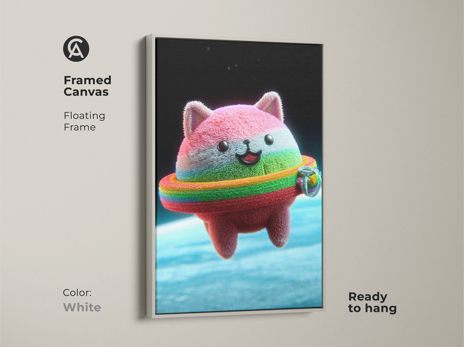 This framed canvas with a white floating frame showcases a Kawaii Cat Astronaut. It features a rainbow ring kitty print for cheerful cat wall hanging. The ready to hang cat art is a unique kids wall decor. This whimsical animal artwork is a fun cat themed gift.