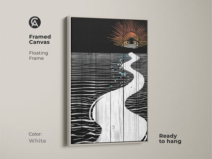 Framed canvas art in white featuring a minimalist abstract river sunset. The floating frame provides a clean modern art look. Ready to hang for contemporary wall art decor.