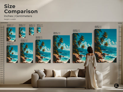 Compare the sizes of tropical beach artwork in inches and centimeters. Visualize how each size will look in your space. From small to large find the perfect fit for your home. Enhance your decor with this stunning piece of ocean-inspired art.
