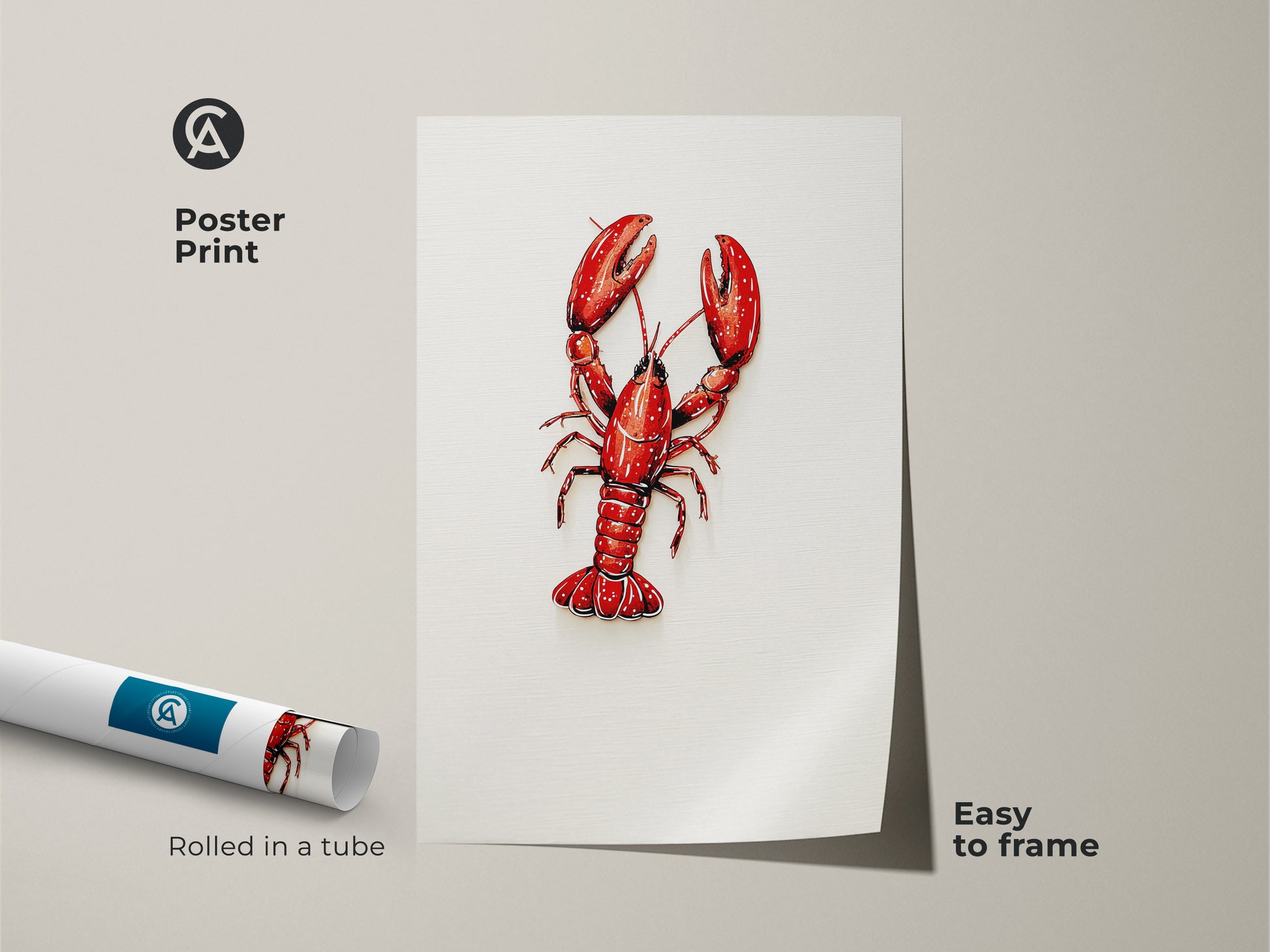 Red Lobster Poster Print. This coastal kitchen wall art is easy to frame. Rolled in a tube for protection. This nautical home decor art piece is vibrant. Crimson animal artwork adds charm. Great for seafood lovers.