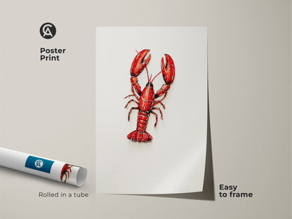 Red Lobster Poster Print. This coastal kitchen wall art is easy to frame. Rolled in a tube for protection. This nautical home decor art piece is vibrant. Crimson animal artwork adds charm. Great for seafood lovers.