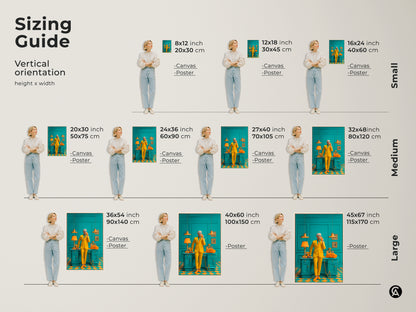 Discover the perfect size for your wall art. Our vertical orientation sizing guide helps you visualize how our art prints will look in your space. Featuring a man in a yellow suit in a teal room. Find the ideal size for your home or office decor