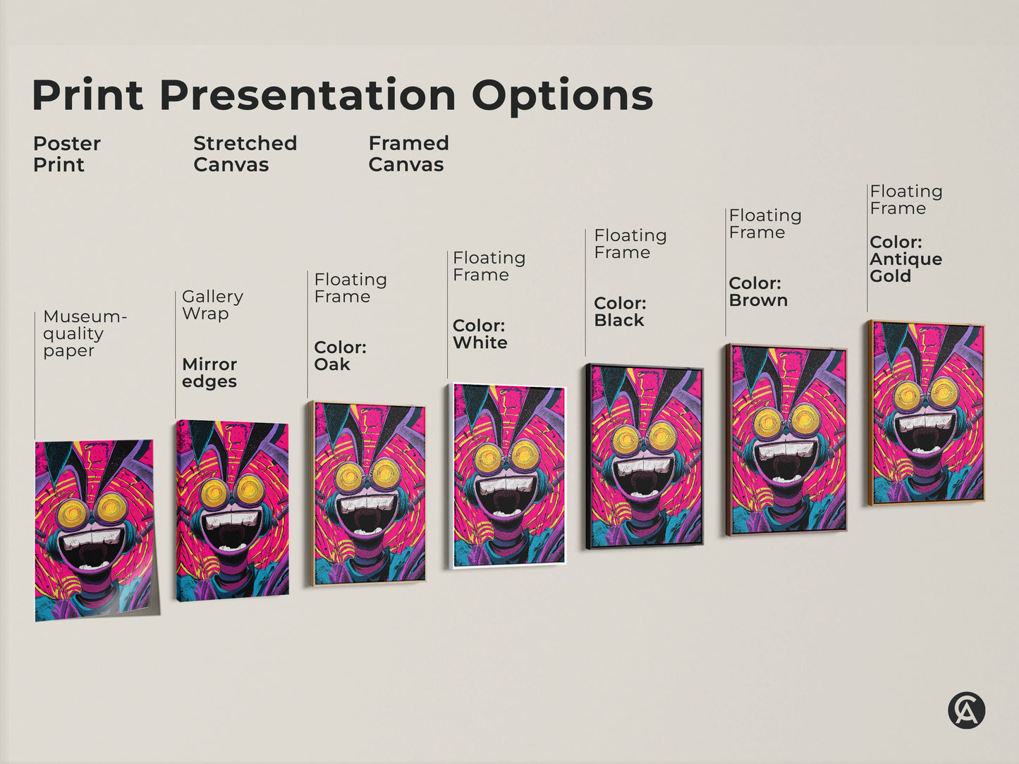 Explore the various presentation options for this quirky character artwork. Choose from poster prints stretched canvases and framed canvases. Find the perfect style to match your taste and decor. Each option highlights the artwork's unique charm