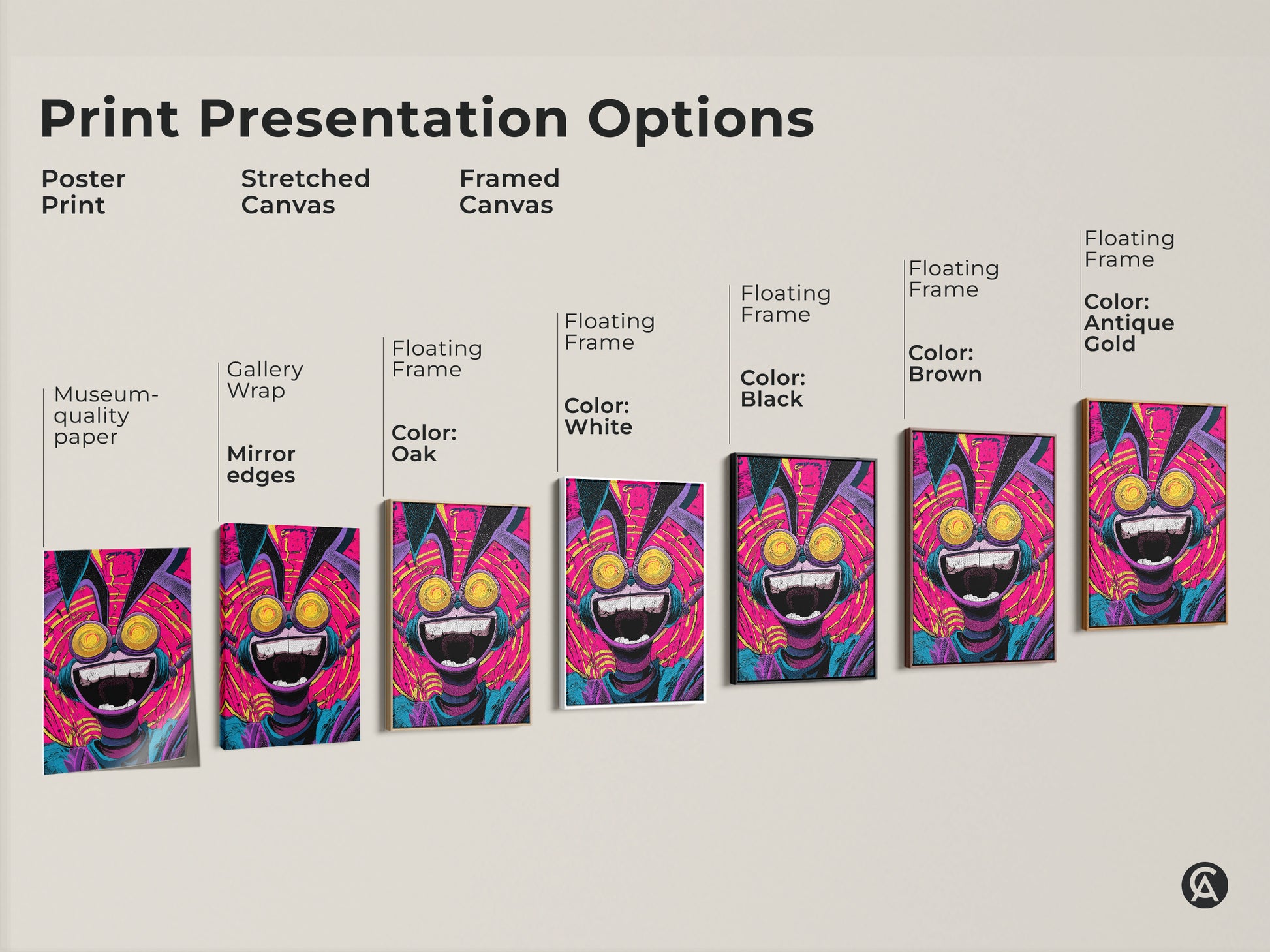 Explore the various presentation options for this quirky character artwork. Choose from poster prints stretched canvases and framed canvases. Find the perfect style to match your taste and decor. Each option highlights the artwork's unique charm
