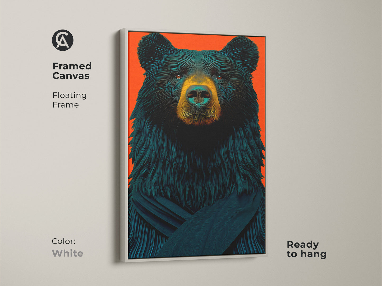 Framed black bear canvas in a white floating frame. This wildlife artwork offers a modern and clean aesthetic. Ideal for any contemporary home decor seeking unique animal art.