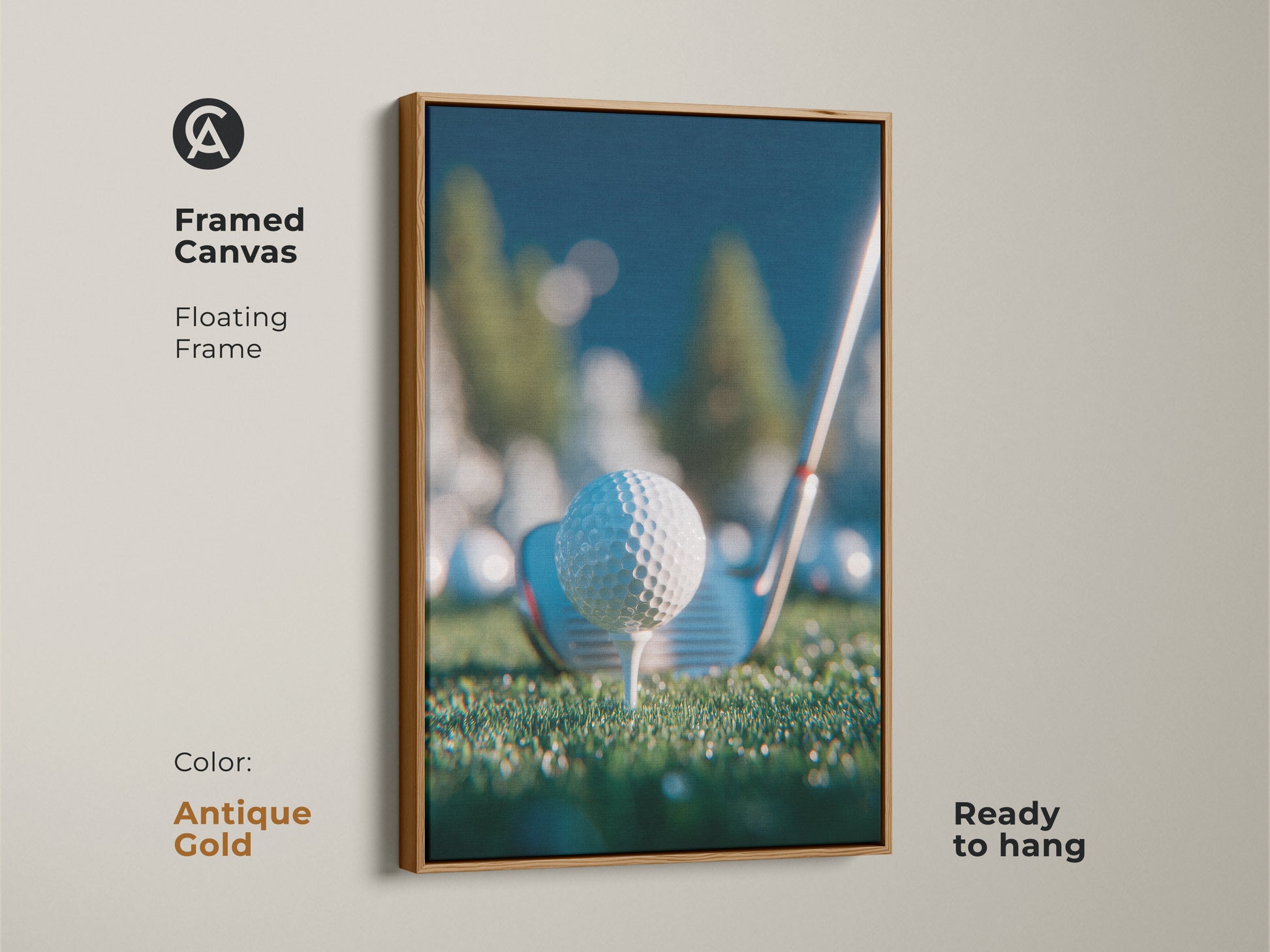 Framed canvas artwork in an antique gold floating frame shows a golf ball on a tee. It comes ready to hang. The print is ideal for golf lovers. Elevate your space with sporty sophistication. Order framed art now.
