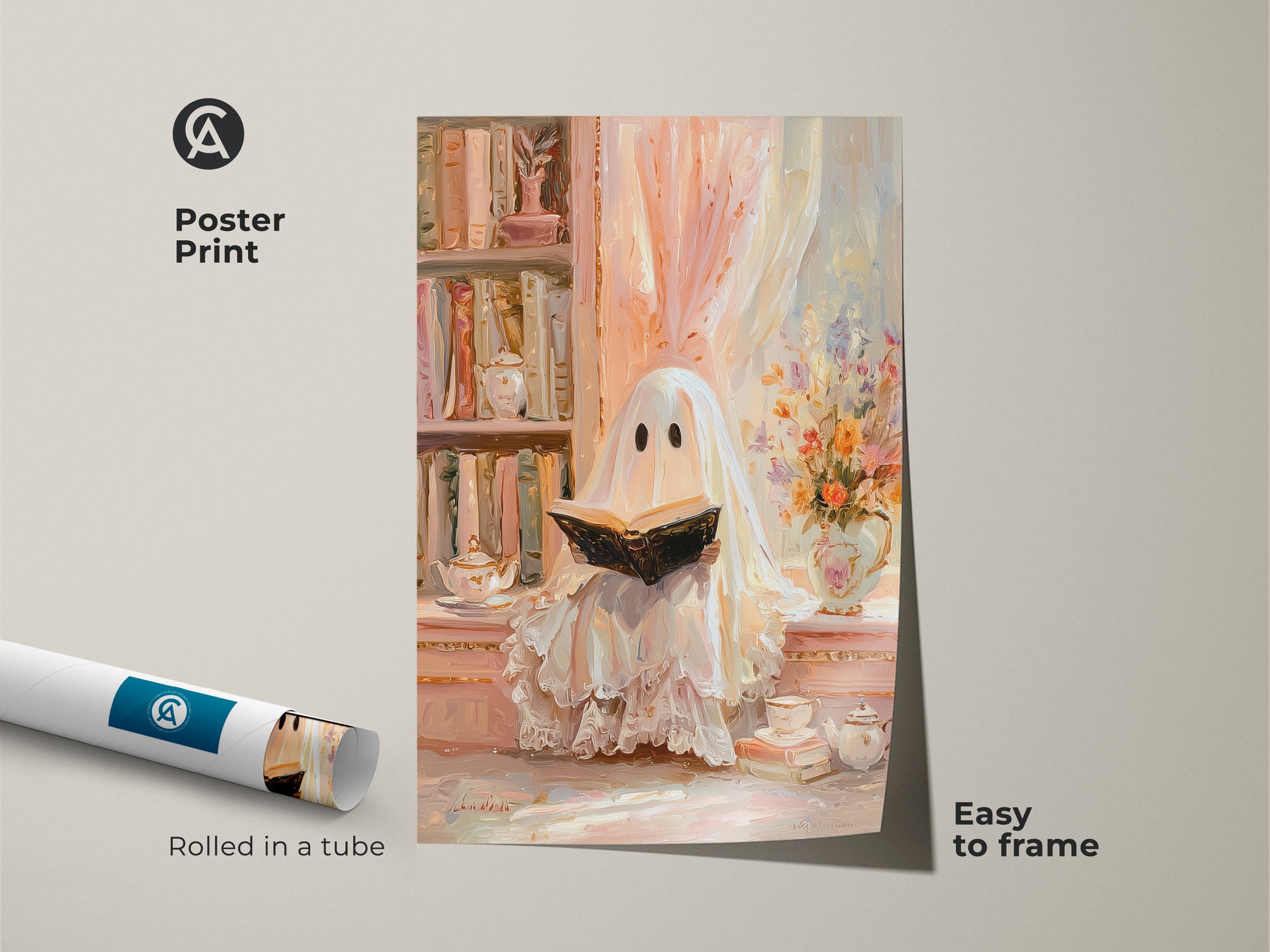 Poster print of a ghost reading in a cozy study. This pastel ghost art print is easy to frame. Rolled in a tube it's perfect for eclectic home decor. A unique Halloween gift for her. This bookshelf artwork adds charm to any reading nook. The cream peach wall art is ideal for book lovers.