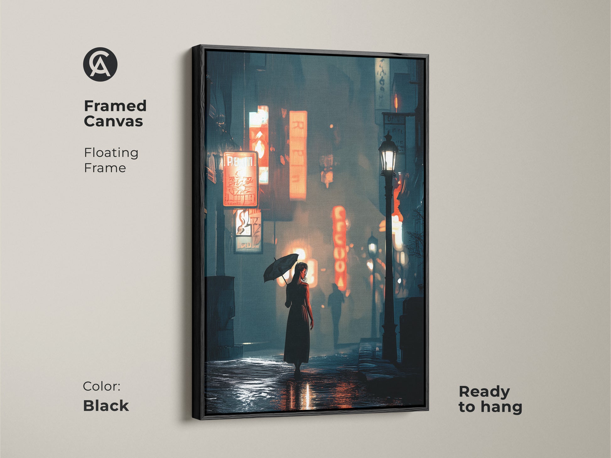 Framed canvas art of a neon city at night. A woman with an umbrella is featured. The floating frame is black. This contemporary wall decor is ready to hang. The deep blue and orange colors create a unique urban aesthetic. Perfect for boutique hotel art.
