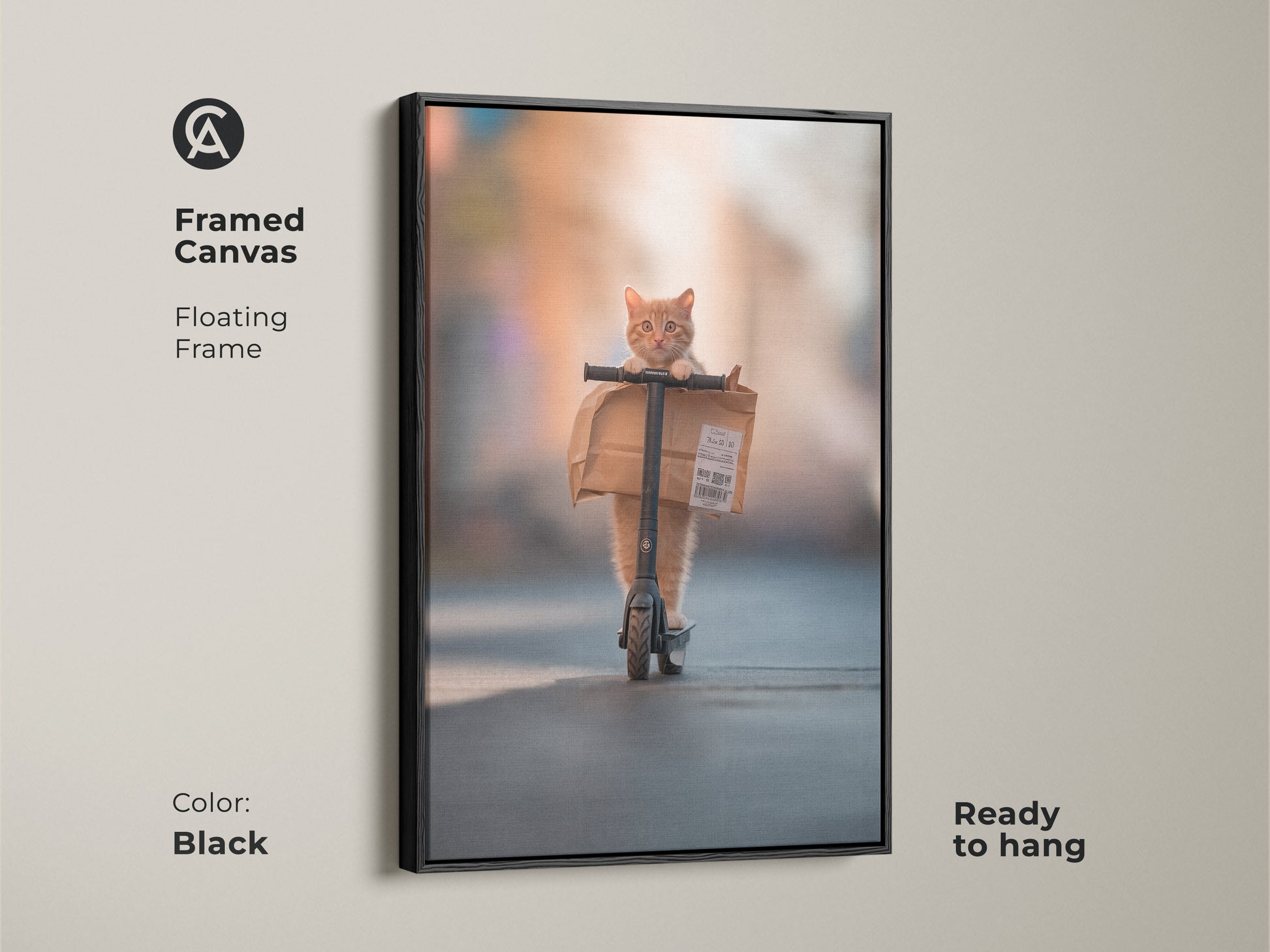 Framed canvas artwork featuring a ginger cat on a scooter. The floating frame is black and the artwork is ready to hang. The digital painting style adds a modern touch to this unique piece. A perfect blend of humor and artistic flair for your wall decor.