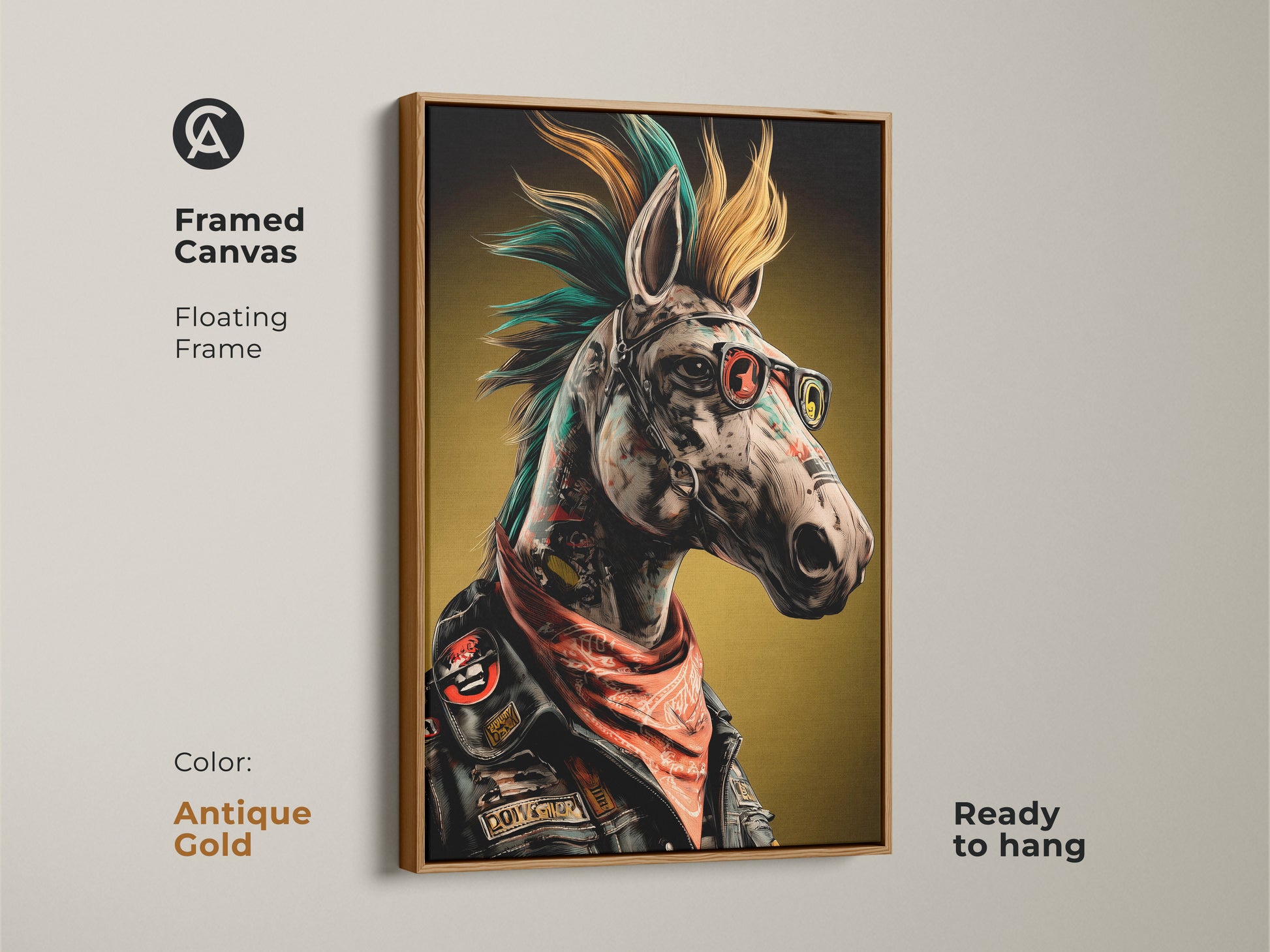 This Neo-Punk Horse art piece is a framed canvas in antique gold. Its a surreal animal canvas wall art. Eclectic home decor that is ready to hang. This punk rock fan gift is for cool office artwork or edgy living room art.