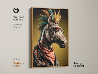 This Neo-Punk Horse art piece is a framed canvas in antique gold. Its a surreal animal canvas wall art. Eclectic home decor that is ready to hang. This punk rock fan gift is for cool office artwork or edgy living room art.