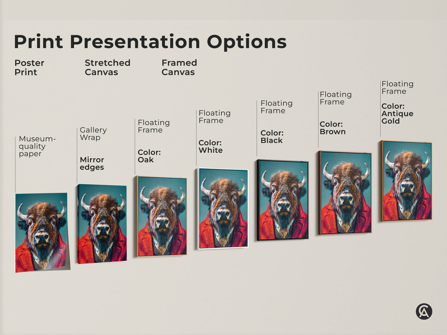 Explore print presentation options for the buffalo in a suit artwork. Choose from poster prints stretched canvases and framed canvases. Each option highlights the unique animal art in different ways. Find the perfect style for your home decor needs.