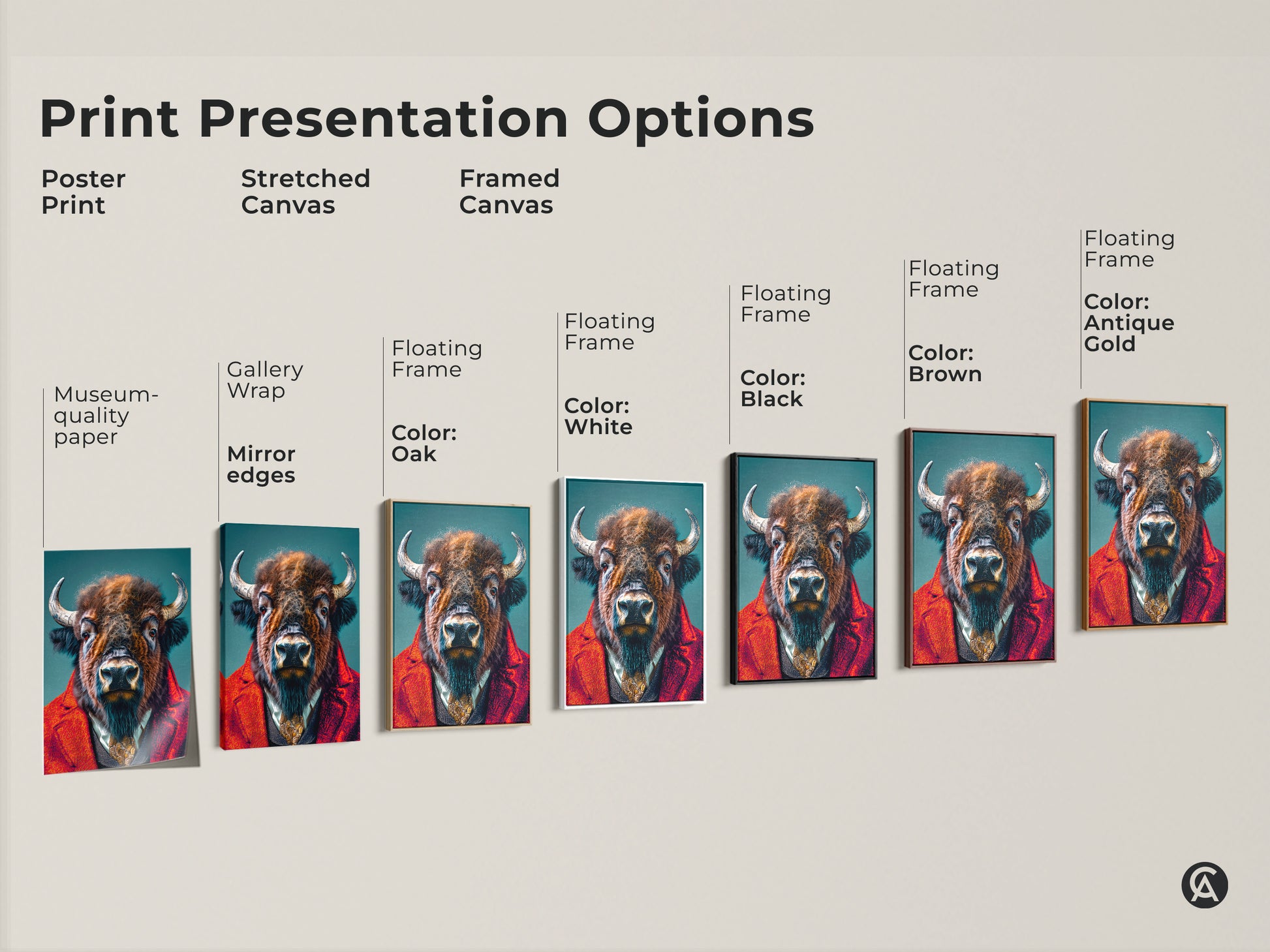 Explore print presentation options for the buffalo in a suit artwork. Choose from poster prints stretched canvases and framed canvases. Each option highlights the unique animal art in different ways. Find the perfect style for your home decor needs.