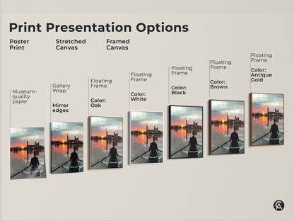 A print presentation guide showing various framing and mounting options. See poster prints stretched canvas and framed canvas options. Choose from floating frames in black brown oak antique gold and white. Find the perfect way to display rowing sunset artwork. An impressionistic landscape for any office or home.