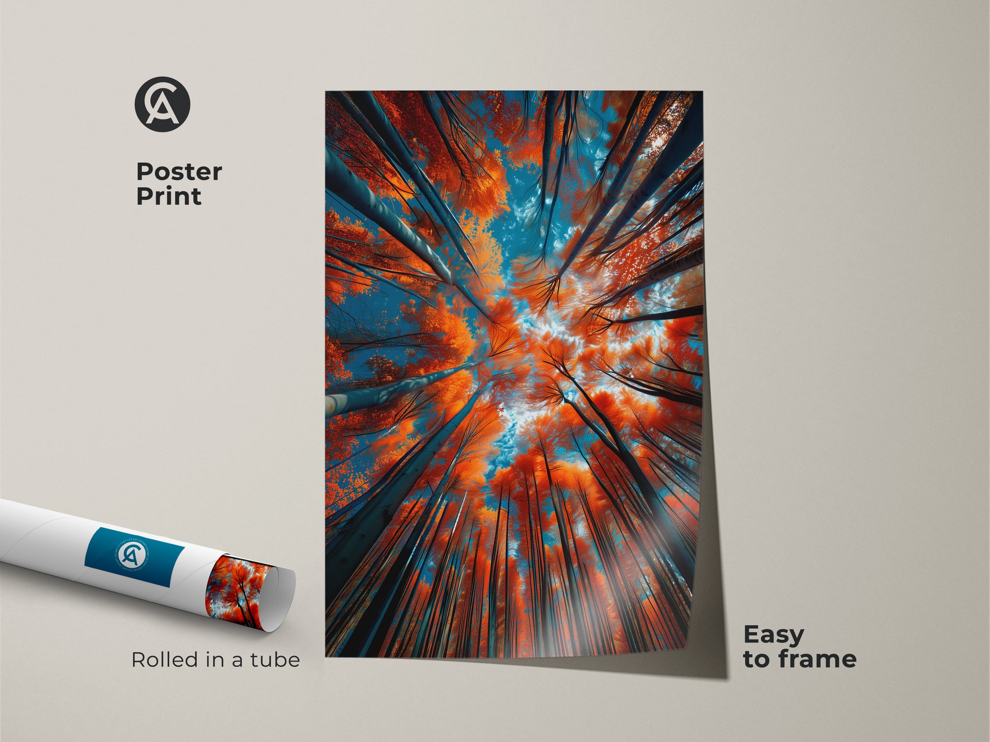 A poster print of tall trees. Looking up from the ground. The orange leaves and blue sky make for a stunning piece. This art is easy to frame. Rolled in a tube for protection. A great addition to any art collection. Order today