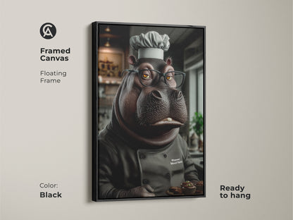 This framed canvas features a charming hippo chef holding muffins. Displayed in a floating black frame this warm piece adds humor to any kitchen or office. It's a delightful artwork for bakers adding a smile and personality to walls. This makes a perfect gift for birthdays or housewarmings.