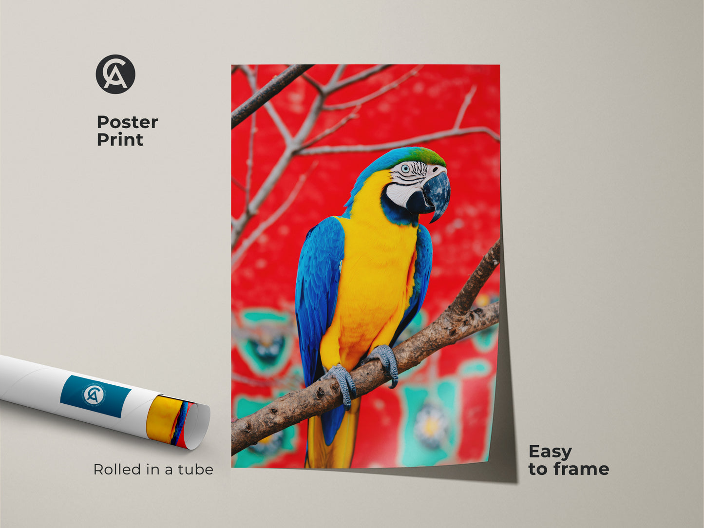 Easy to frame poster print of a vibrant macaw. Rolled in a tube for protection. Exotic parrot canvas art with blue yellow colors. A unique bird artwork for your living room.