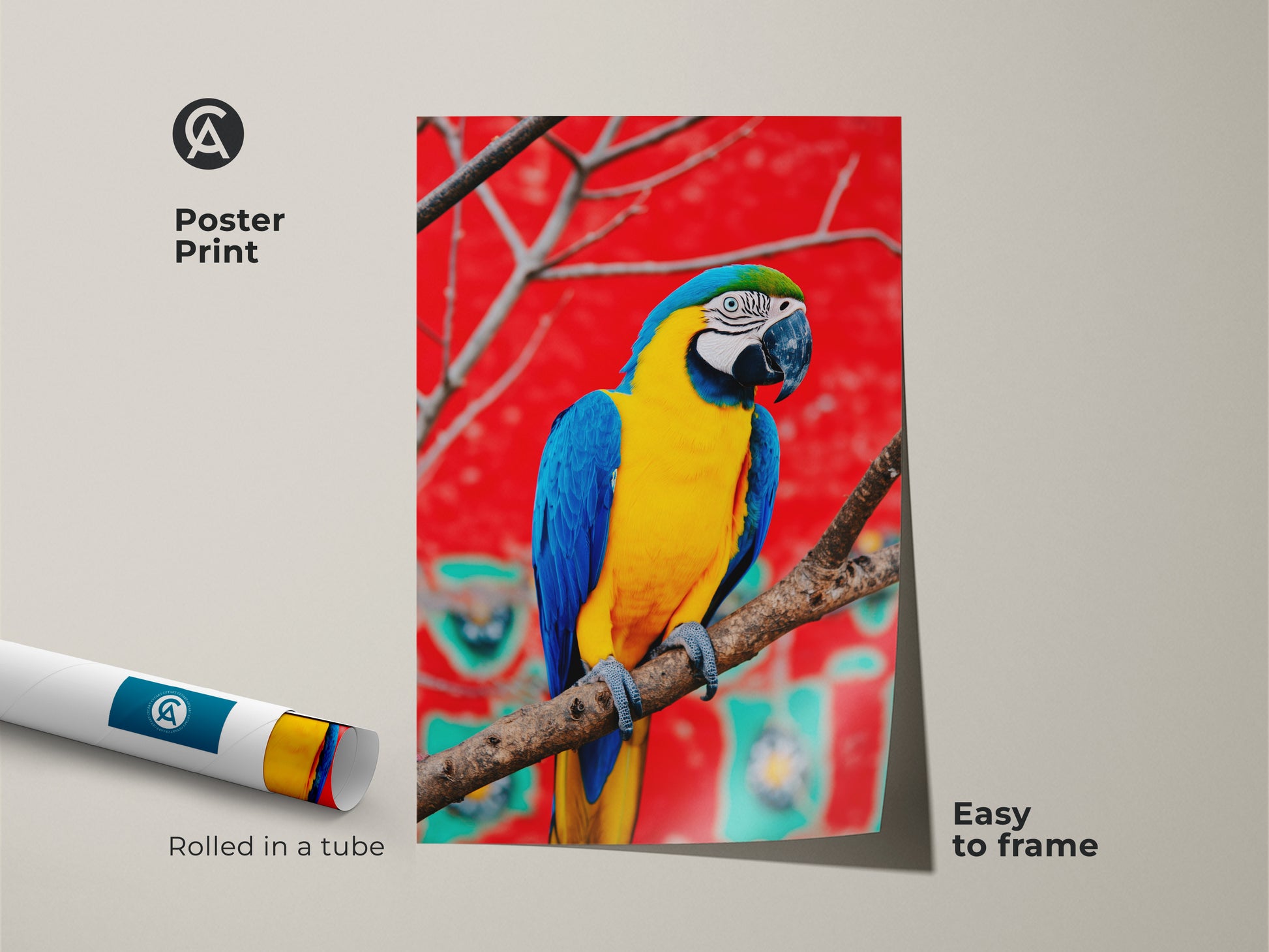 Easy to frame poster print of a vibrant macaw. Rolled in a tube for protection. Exotic parrot canvas art with blue yellow colors. A unique bird artwork for your living room.