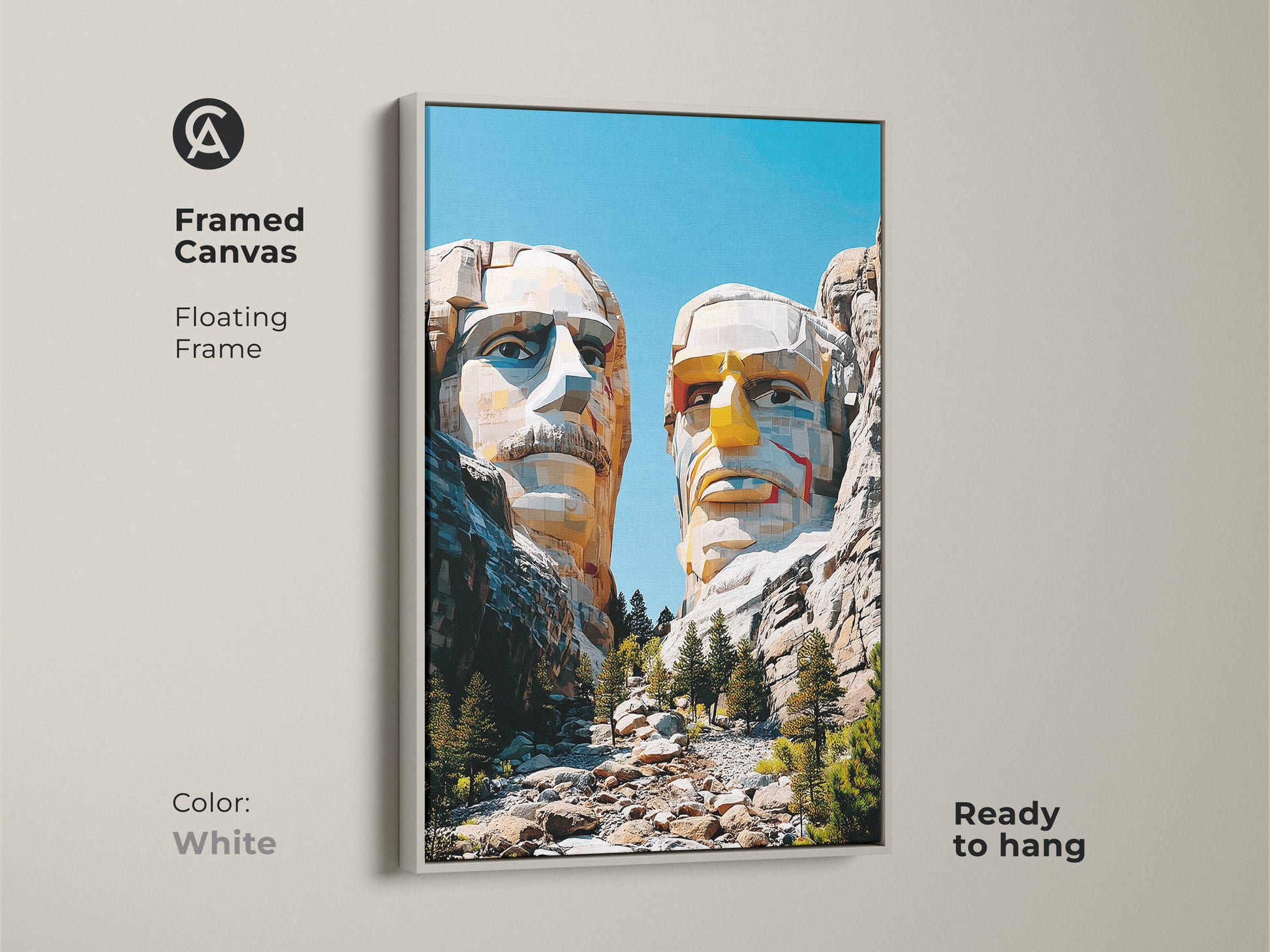 Framed canvas geometric Mount Rushmore artwork with a white floating frame. This modern canvas is a unique home decor gift. Ready to hang this contemporary landscape decor is ideal for travel enthusiasts.