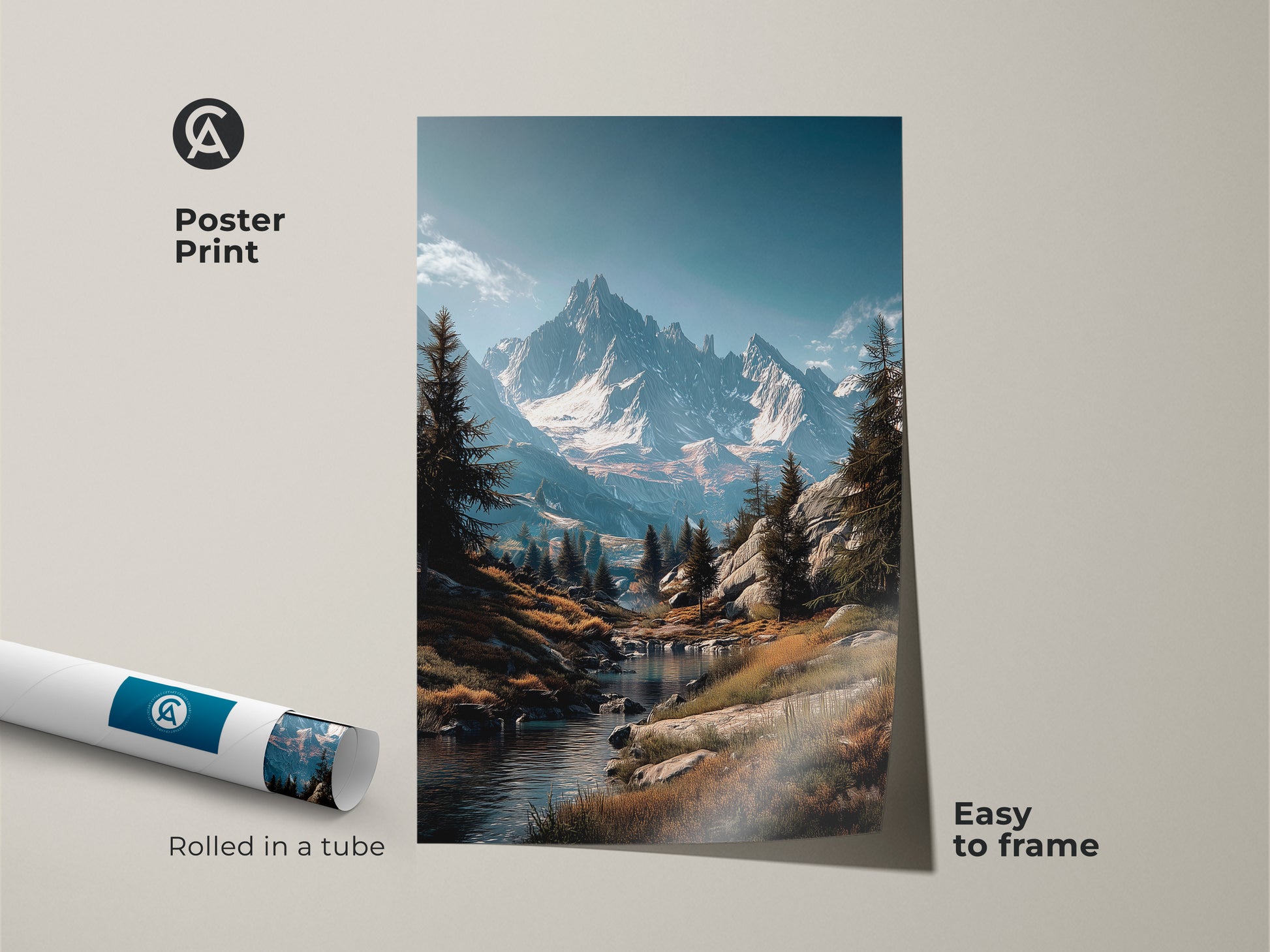 Poster print of a breathtaking mountain vista. The artwork arrives rolled in a tube ready for framing. This museum-quality print captures the serene river and towering peaks. The art is easy to frame. Decorate your home with this nature art.