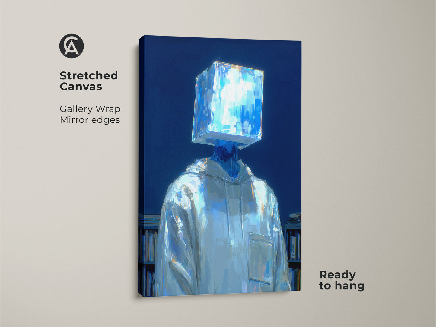 Stretched canvas print showcasing a person with a luminous cube for a head. The artwork has mirror edges and is ready to hang. The figure wears a white hoodie and stands near a bookshelf. This gallery-wrapped piece adds a contemporary touch to your space.