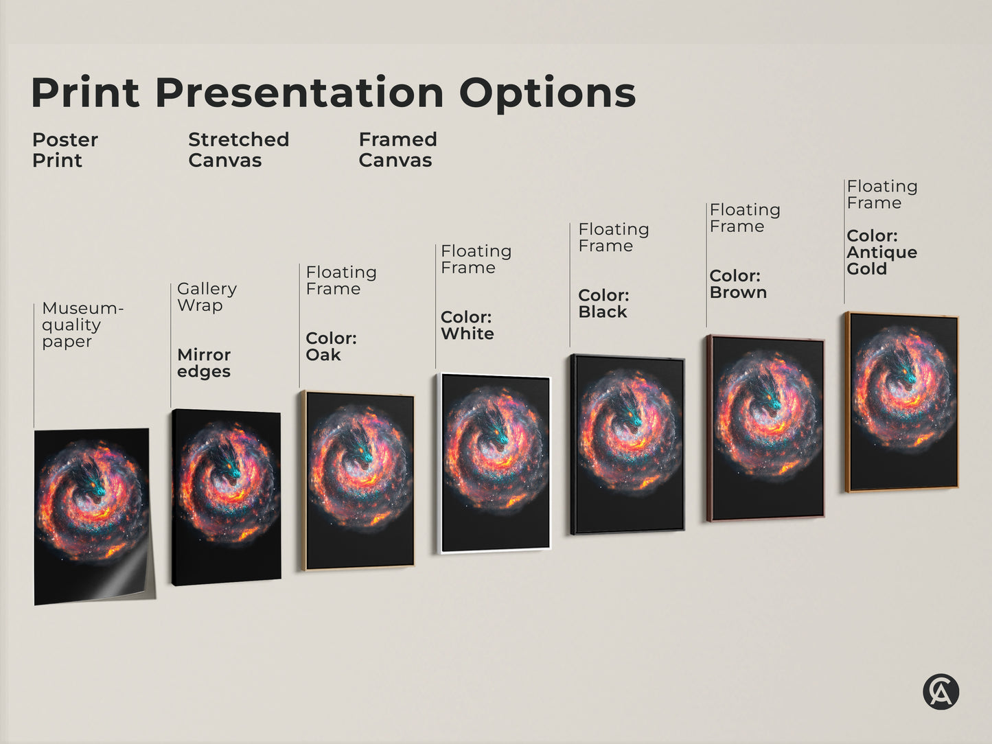 Print presentation options show a cosmic dragon artwork. Options include poster prints stretched canvas and framed canvas. Each piece shows the beauty of galaxy nebula art. Find the perfect style to match your decor.