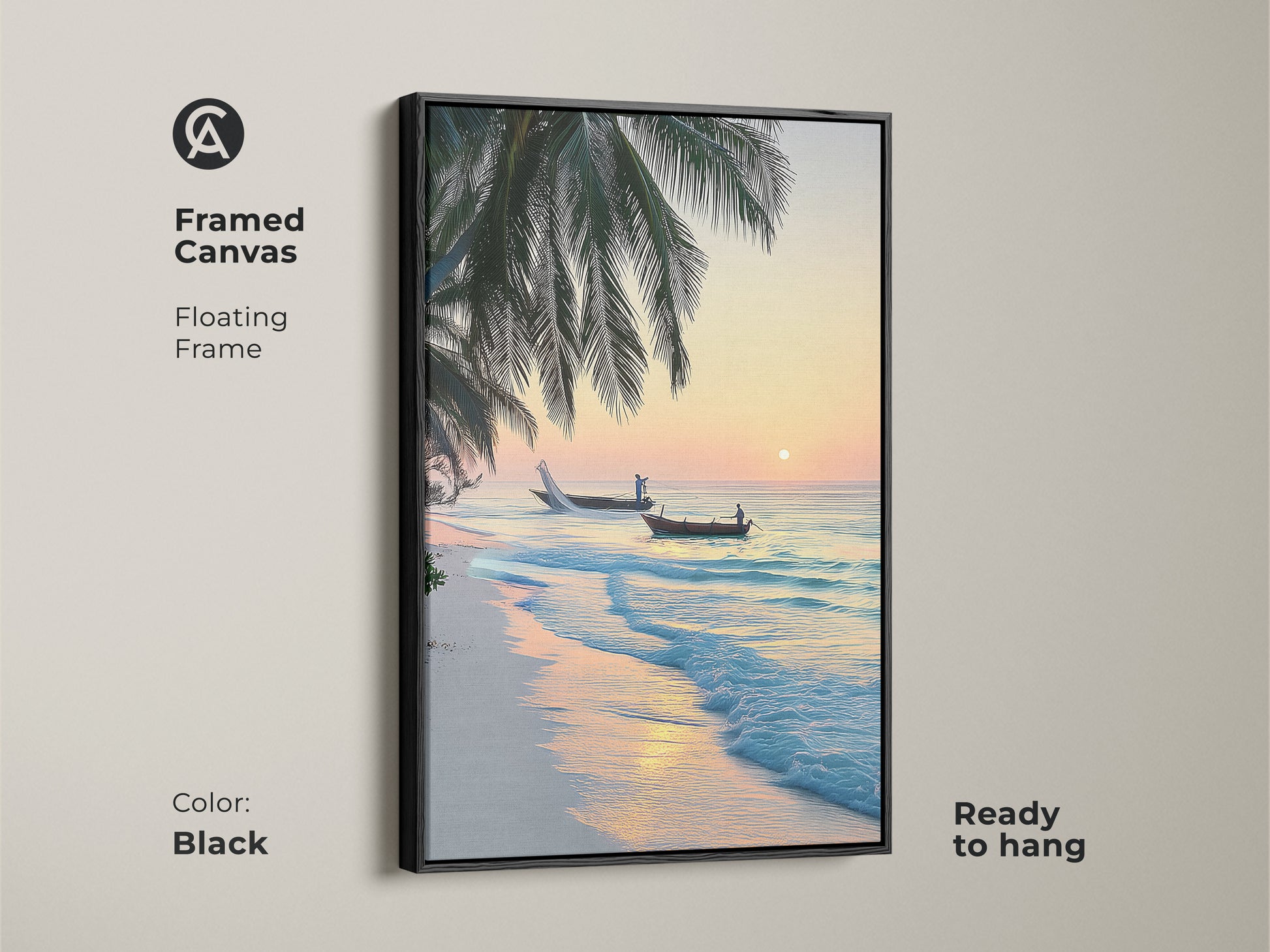 Framed canvas with a black floating frame showcases a tropical beach sunrise. The artwork includes palm trees and two fishing boats on the turquoise ocean. Ready to hang for a coastal aesthetic.