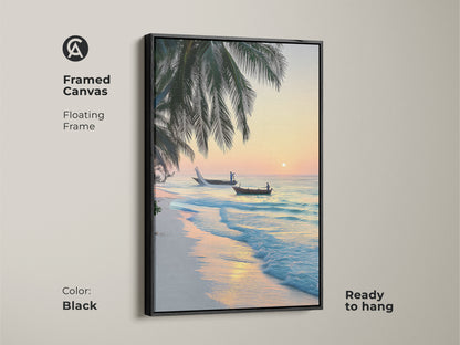 Framed canvas with a black floating frame showcases a tropical beach sunrise. The artwork includes palm trees and two fishing boats on the turquoise ocean. Ready to hang for a coastal aesthetic.