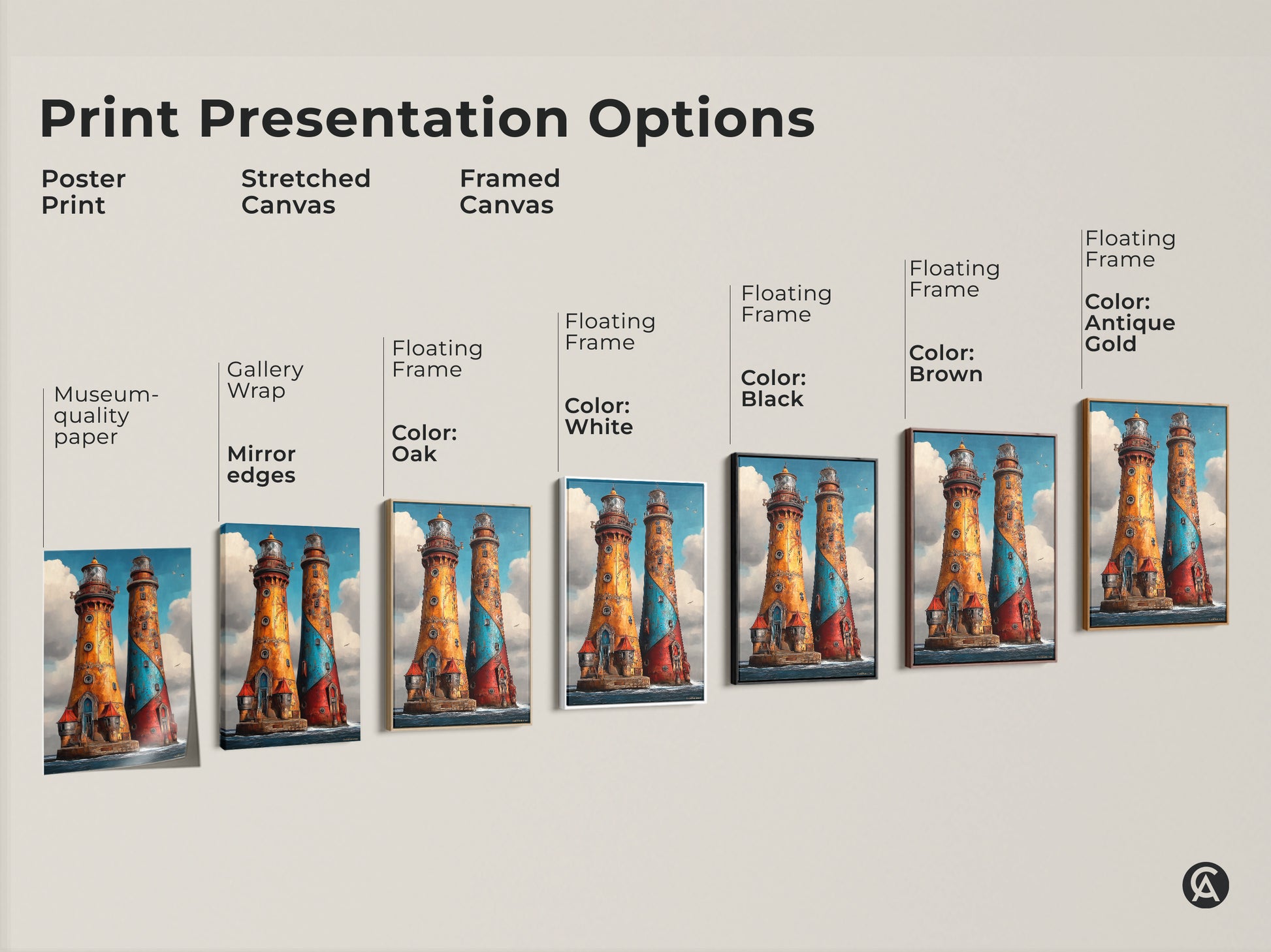 Explore print presentation options. Choose a Steampunk Lighthouse poster or canvas. Options include stretched and framed styles. See the ornate nautical art in various finishes and colors