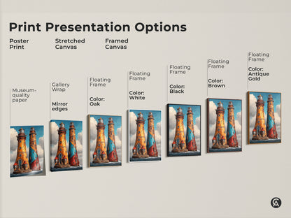 Explore print presentation options. Choose a Steampunk Lighthouse poster or canvas. Options include stretched and framed styles. See the ornate nautical art in various finishes and colors