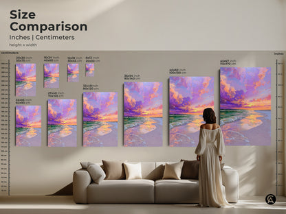 Size comparison of ocean sunset artwork in inches and centimeters. See how various sizes look above a sofa. This canvas and poster print will enhance your living room. Find the perfect scenic beach print.