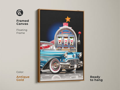 A framed canvas art print of a teal classic car alongside a vintage slot machine. Ready to hang this mid-century modern piece features an antique gold floating frame. This artwork adds retro charm to any room. A great gift for vintage Americana lovers.