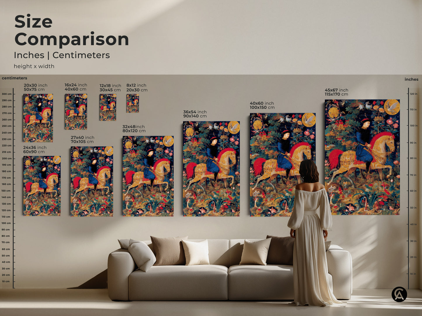 Compare the size of this medieval knight tapestry art in inches and centimeters. See how the emerald green and gold canvas looks in different dimensions. This historical fantasy print makes a statement in any room. Choose the perfect size for your eclectic home decor.