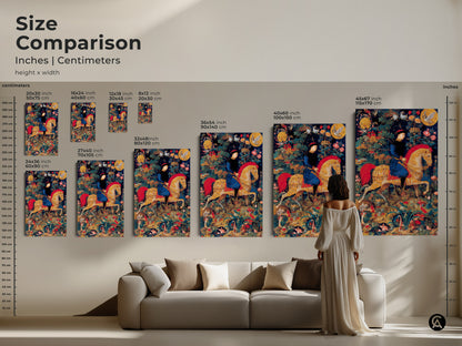 Compare the size of this medieval knight tapestry art in inches and centimeters. See how the emerald green and gold canvas looks in different dimensions. This historical fantasy print makes a statement in any room. Choose the perfect size for your eclectic home decor.