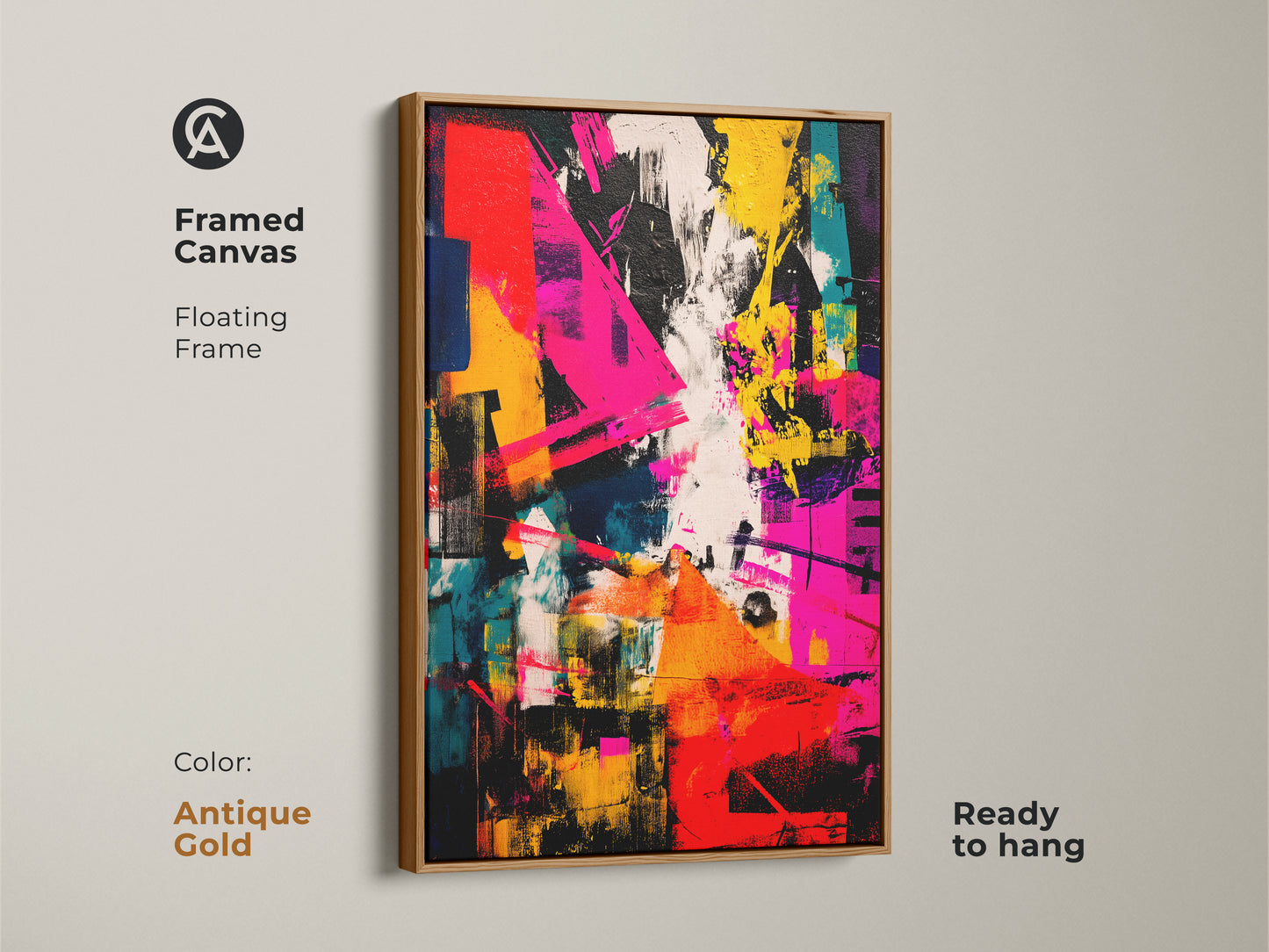 Framed canvas print with an antique gold floating frame. The abstract artwork boasts a colorful style. Ready to hang and transform your space. The frame enhances the painting's beauty. A statement piece for any room.