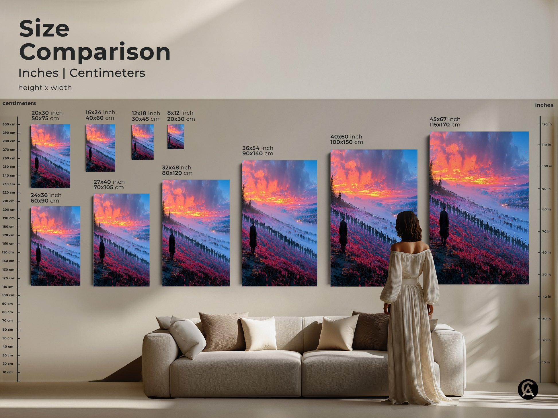 Size comparison of fantasy landscape prints in inches and centimeters. See how different sizes of canvas art fit above a sofa. Plan your unique wall hanging with the ideal dimensions.