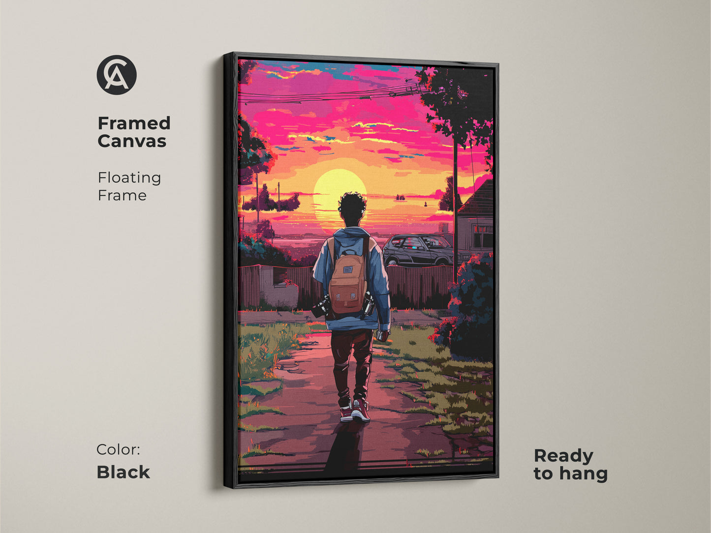 Black Framed Pixel Art Urban Sunset Canvas. A retrofuturism artwork features a person with a backpack. The magenta orange yellow sunset creates a vibrant look. Ready to hang for eclectic wall art.