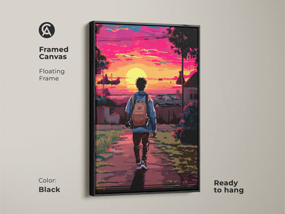 Black Framed Pixel Art Urban Sunset Canvas. A retrofuturism artwork features a person with a backpack. The magenta orange yellow sunset creates a vibrant look. Ready to hang for eclectic wall art.