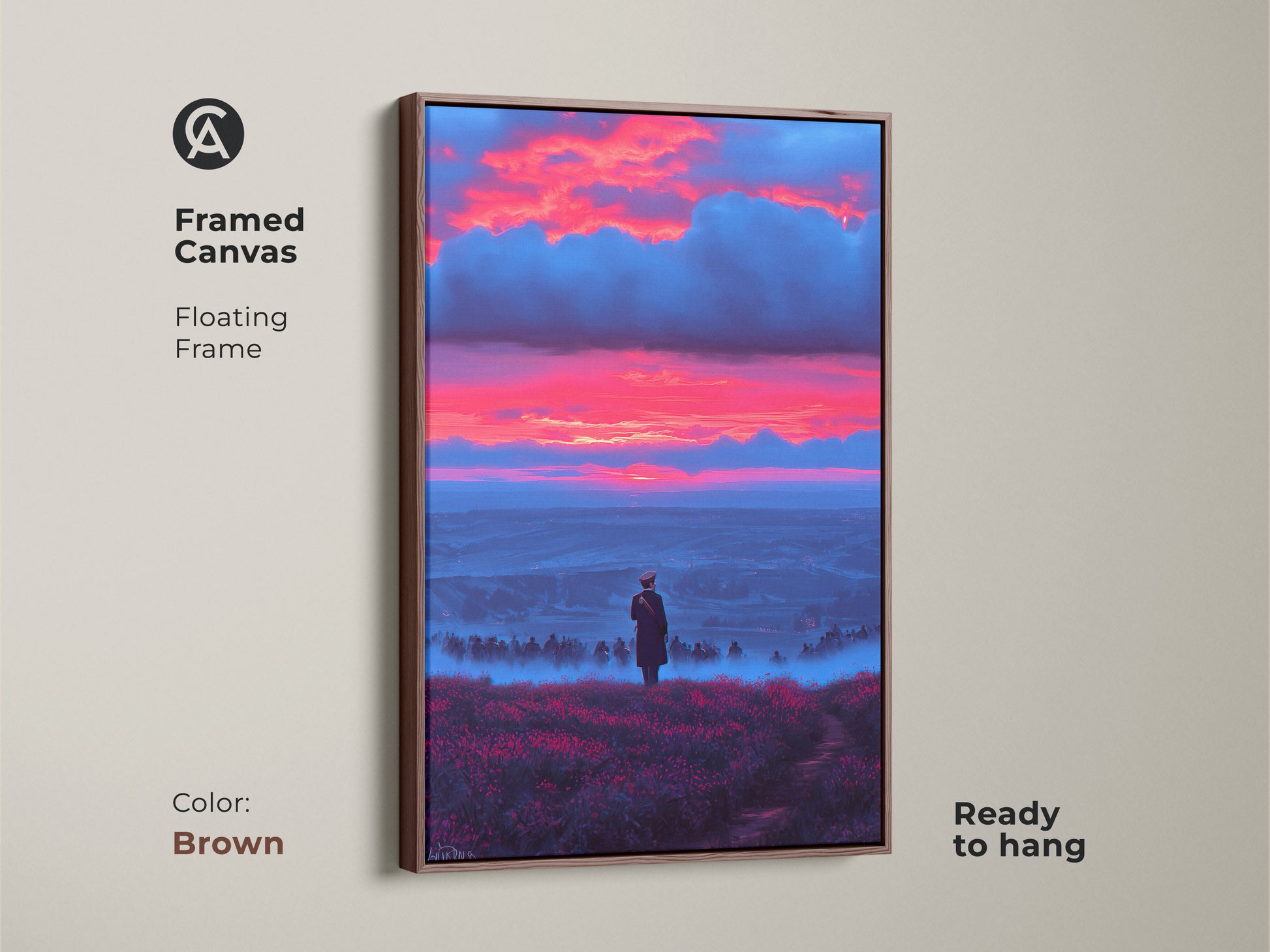 A framed canvas print featuring a surreal landscape. The artwork shows a lone figure gazing over a misty valley under a crimson and blue sunset sky. The brown floating frame adds warmth to this eclectic home decor art. Ready to hang and ideal as a unique travel gift.