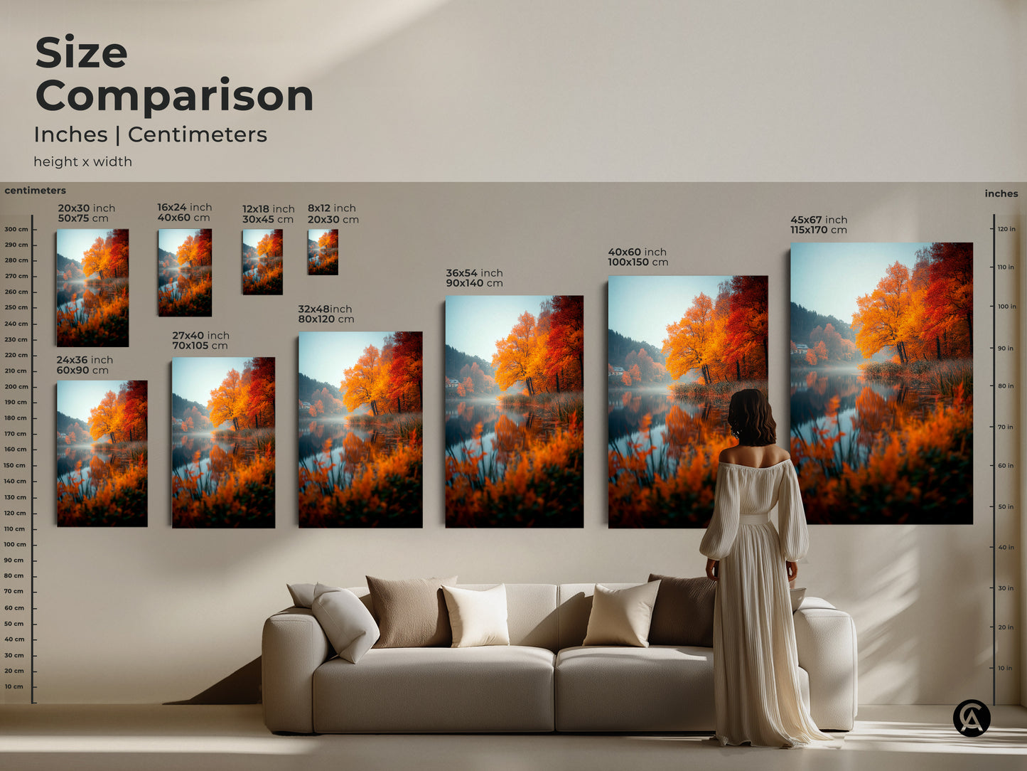 Size comparison for autumn lake artwork. See the sizes in inches and centimeters. Visualize how the artwork fits in your space. Perfect above a couch. Find the right art for your home. Shop now.