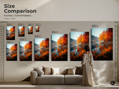 Size comparison for autumn lake artwork. See the sizes in inches and centimeters. Visualize how the artwork fits in your space. Perfect above a couch. Find the right art for your home. Shop now.