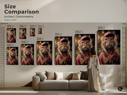 Compare sizes with this charming mouse artwork guide in inches and centimeters. It helps to choose the right art for your space. Plan your perfect canvas print or poster dimensions. This artwork is great as a whimsical touch to rustic home decor. The animal is wearing red overalls and glasses.