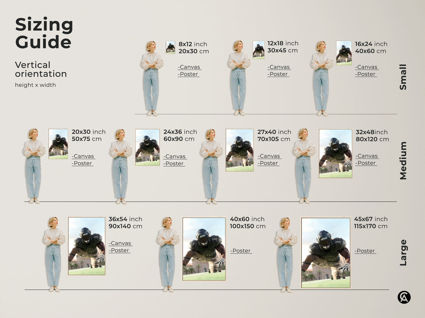 Sizing guide for American Football Player artwork. Visualize canvas and poster sizes for vertical orientation. Available in small medium and large. Find the perfect fit for your space. Enhance your man cave office or sports-themed decor with this dynamic sports art.