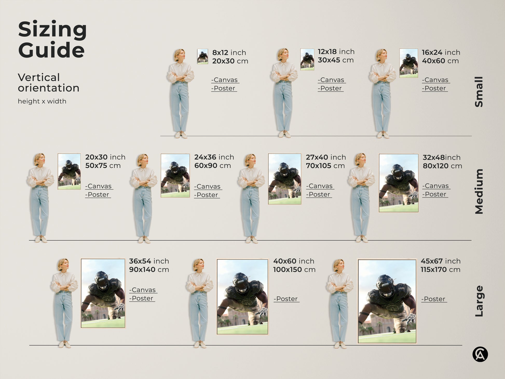 Sizing guide for American Football Player artwork. Visualize canvas and poster sizes for vertical orientation. Available in small medium and large. Find the perfect fit for your space. Enhance your man cave office or sports-themed decor with this dynamic sports art.