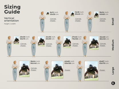 Sizing guide for American Football Player artwork. Visualize canvas and poster sizes for vertical orientation. Available in small medium and large. Find the perfect fit for your space. Enhance your man cave office or sports-themed decor with this dynamic sports art.