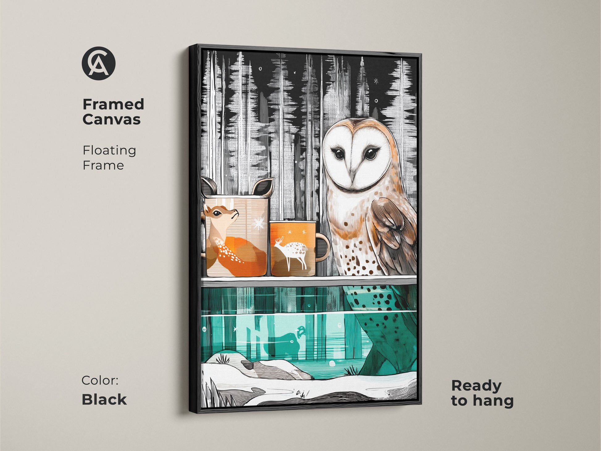 Framed canvas in black showcases barn owl and deer. A floating frame enhances woodland animal artwork. This Scandinavian nature print is ready to hang adding rustic nature wall art.
