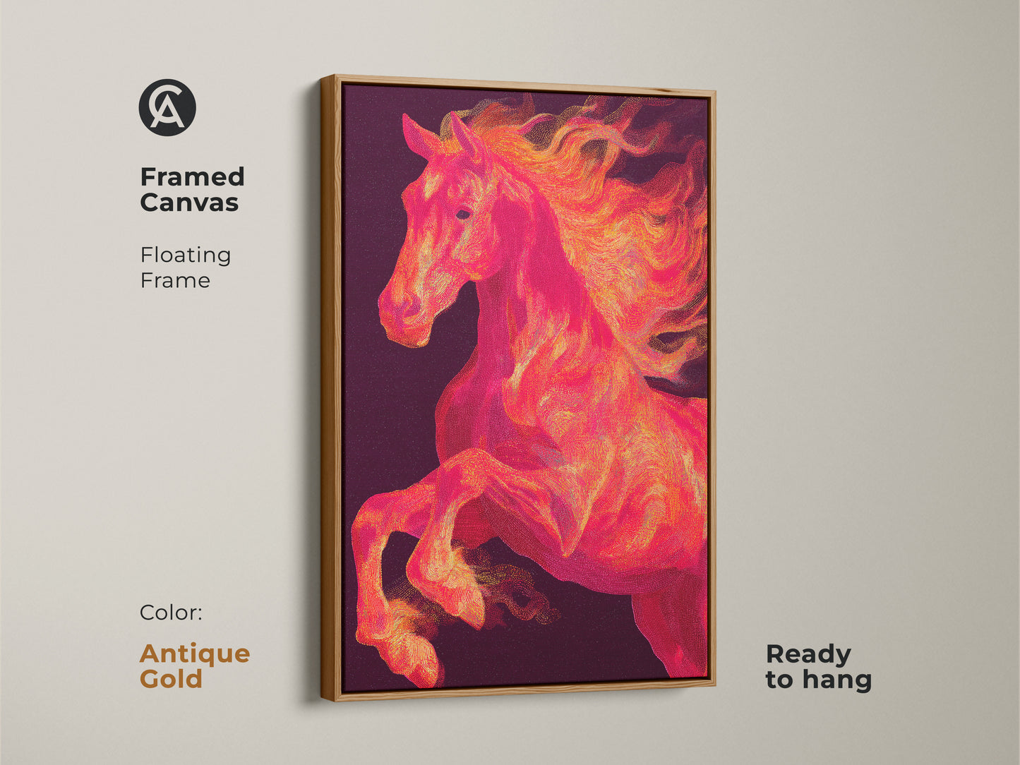 Framed canvas print featuring a rearing horse in an antique gold floating frame. The horse artwork is ready to hang. The horse has a vibrant orange mane. The canvas adds texture to the art.