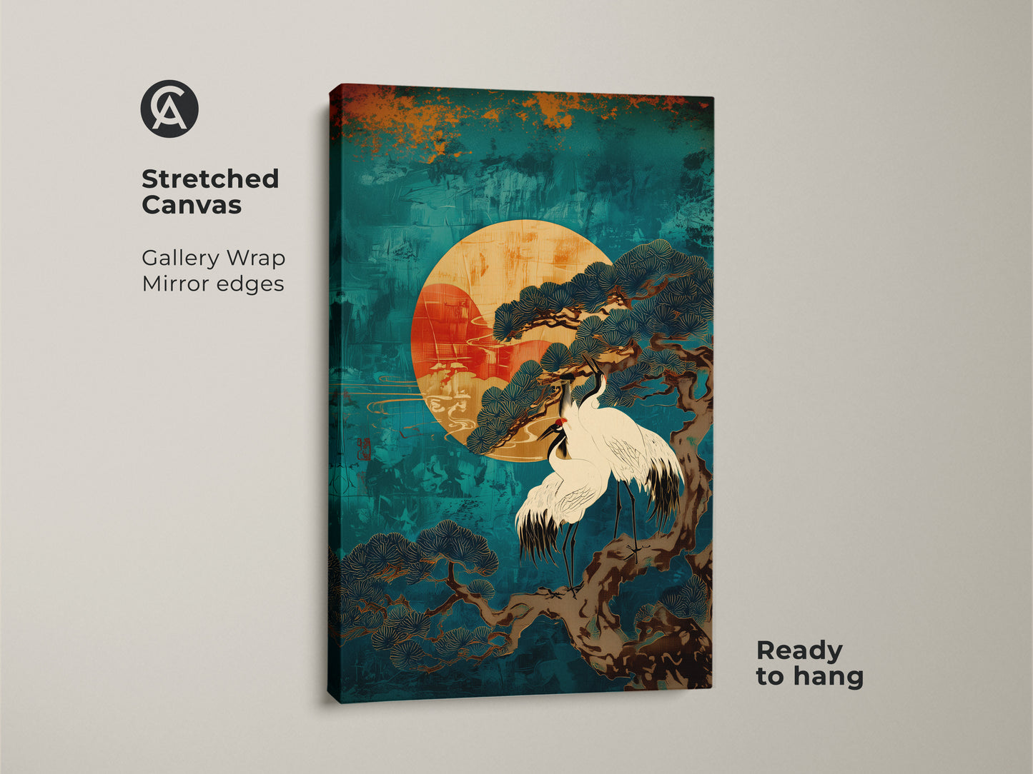 Stretched canvas of Japandi wall art featuring Teal Cranes on a Pine Tree beneath a striking sun. Gallery wrap with mirror edges provides a modern touch. Ideal for Asian nature print enthusiasts. Ready to hang this canvas art adds a calming and spiritual element to your home decor.